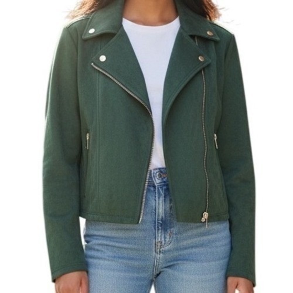 EXPRESS Forest Green Faux Suede‎ Moto Jacket Gold Zipper and Pockets NWOT Large